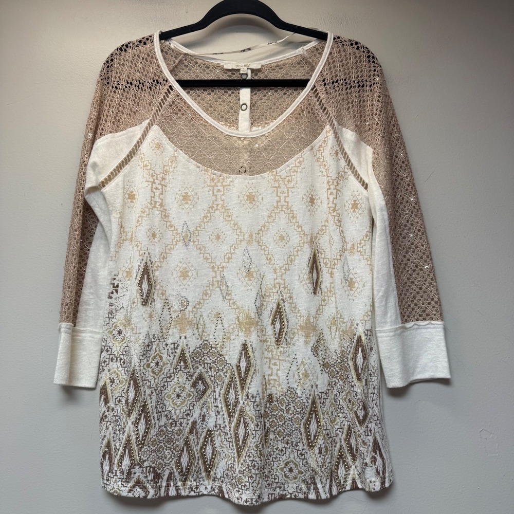 Miss‎ Me Tunic Top Women Large Cream Brown Excellent Boho Crochet Studs MDT759L